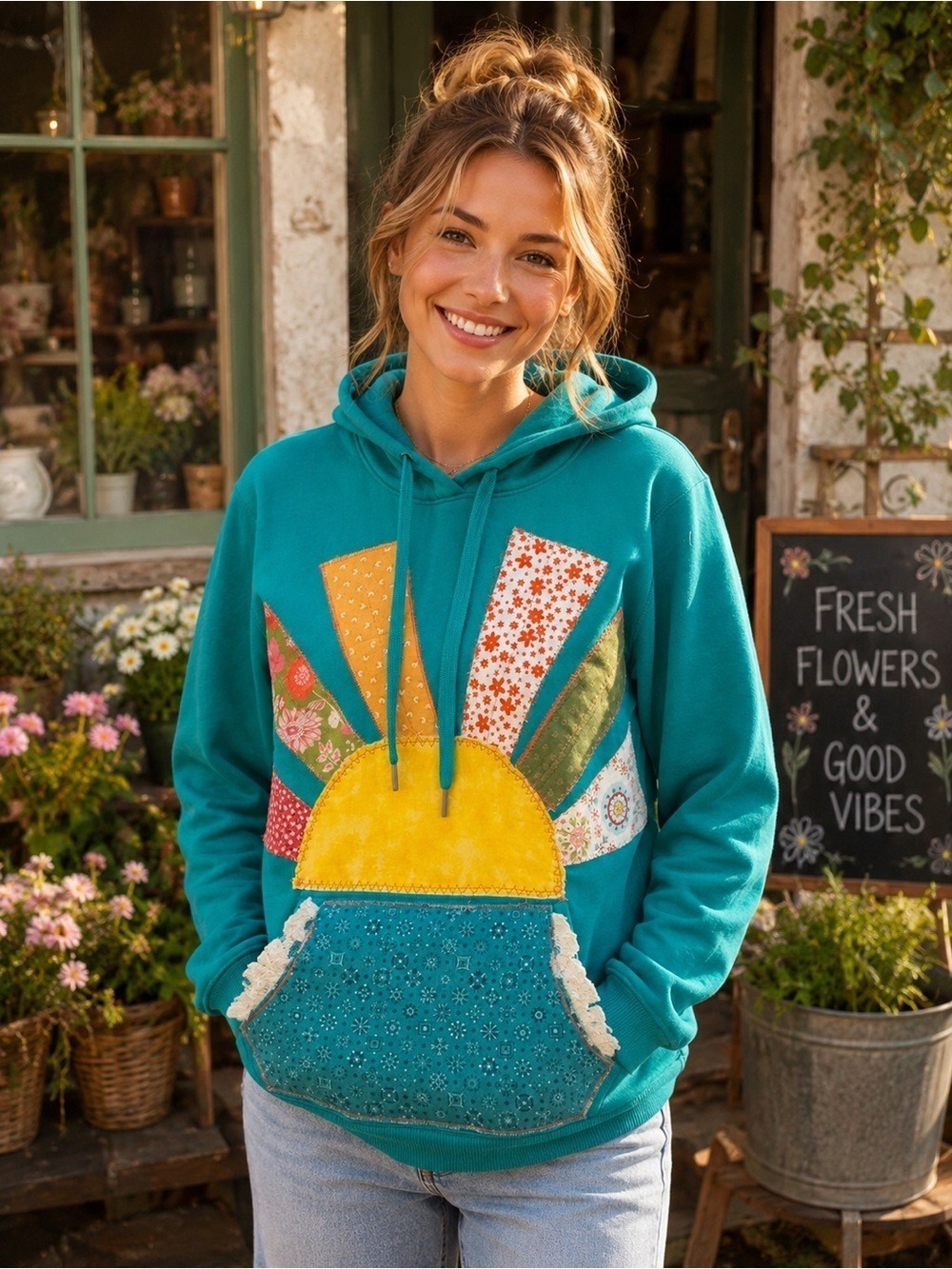 Custom Upcycled Under Armour Hoodie Sunburst Patchwork Cottagecore Small
